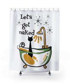 Whimsical Atomic Cat Let's Get Naked Shower Curtain - Funny and Playful Retro Design for Cat Lovers