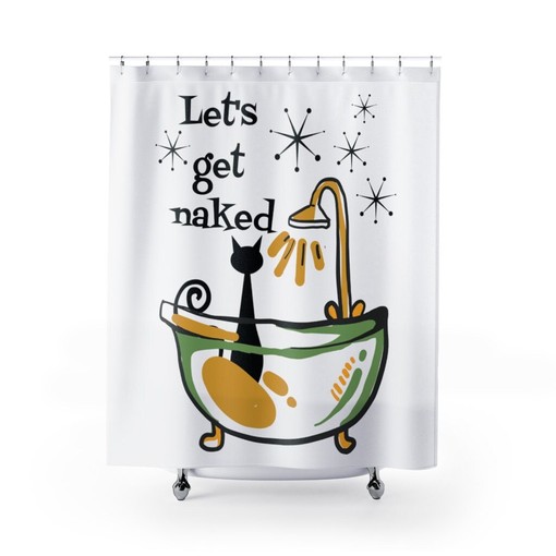 Whimsical Atomic Cat Let's Get Naked Shower Curtain - Funny and Playful Retro Design for Cat Lovers