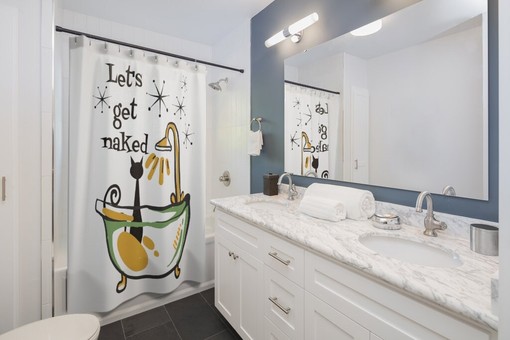 Whimsical Atomic Cat Let's Get Naked Shower Curtain - Funny and Playful Retro Design for Cat Lovers - Image 2