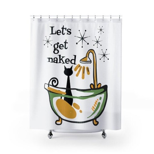 Whimsical Atomic Cat Let's Get Naked Shower Curtain - Funny and Playful Retro Design for Cat Lovers - Image 3