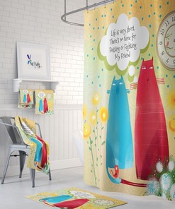 Whimsical Cat Shower Curtain with Custom Bath Set for Girly Bathroom Decor