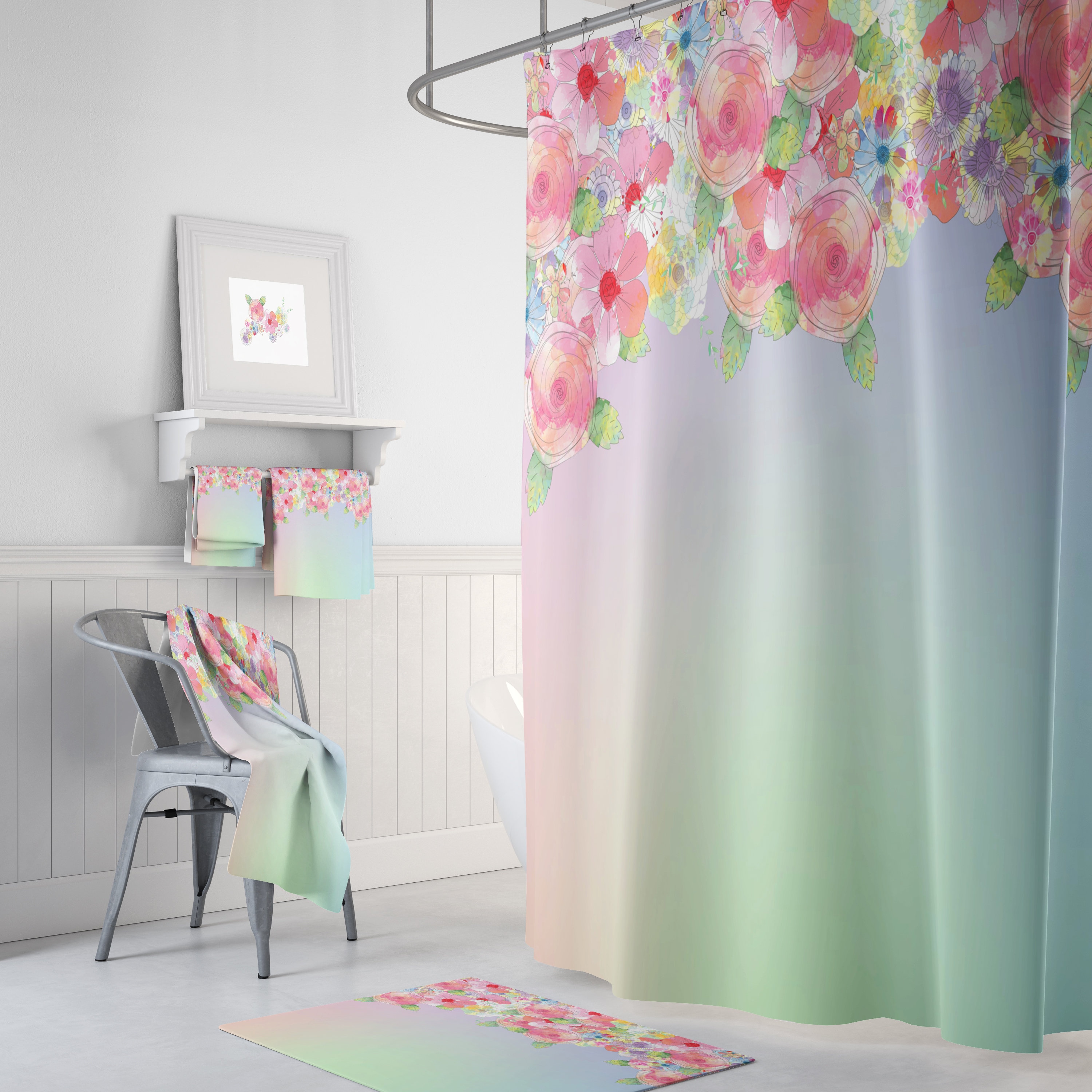 Whimsical Gradient Pastel Floral Shower Curtain Set - Optional Towels and Mat for Colorful Bathroom Decor