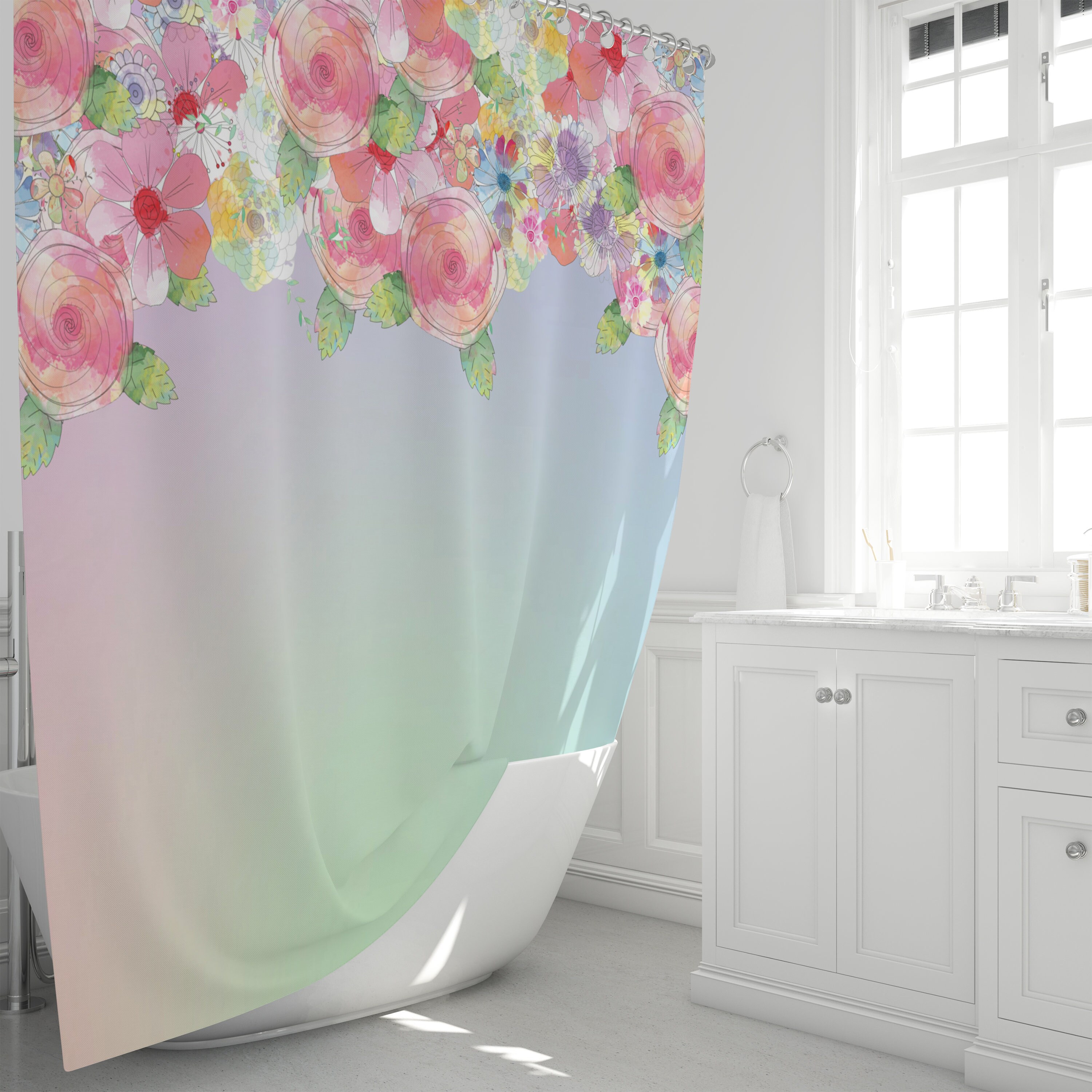 Whimsical Gradient Pastel Floral Shower Curtain Set - Optional Towels and Mat for Colorful Bathroom Decor - Image 2