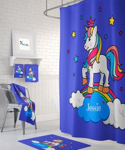 Whimsical Personalized Unicorn Shower Curtain with Bath Accessories