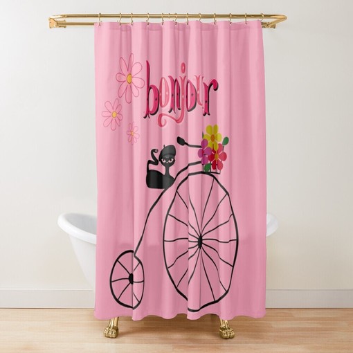 Whimsical Retro 50's Pink Daisy and Tricycle Atomic Cat Shower Curtain