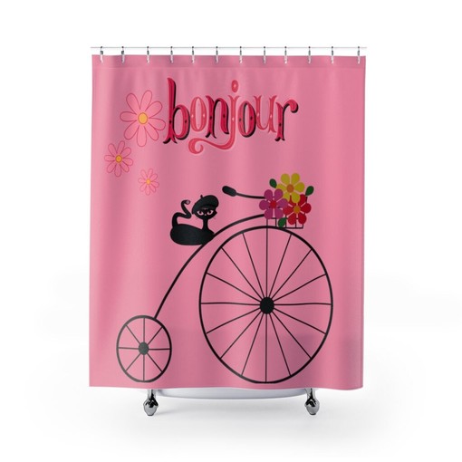 Whimsical Retro 50's Pink Daisy and Tricycle Atomic Cat Shower Curtain - Image 2
