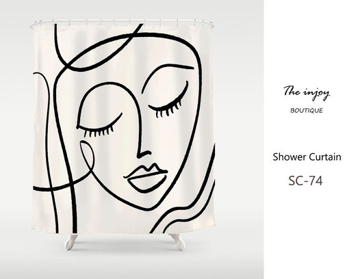 White Abstract Art Women Face Shower Curtain, Bohemian Waterproof Washable Bathroom Decor with Custom Sizes