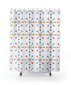 White Atomic Starburst Mid Century Modern Shower Curtain for Vintage Bathroom Decor