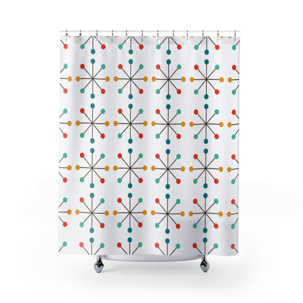 White Atomic Starburst Mid Century Modern Shower Curtain for Vintage Bathroom Decor