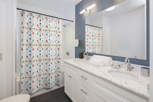 White Atomic Starburst Mid Century Modern Shower Curtain for Vintage Bathroom Decor - Image 3