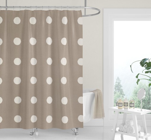 White Boho Dots Shower Curtain, Minimalist Neutral Tan Fabric Bath Curtain