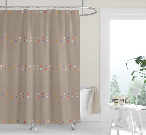 White Boho Dots Shower Curtain, Minimalist Neutral Tan Fabric Bath Curtain - Image 3