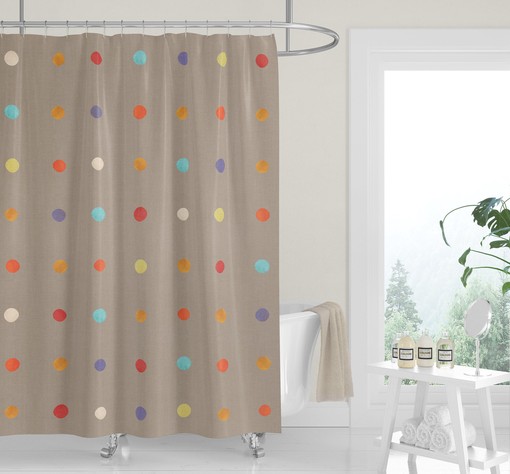 White Boho Dots Shower Curtain, Minimalist Neutral Tan Fabric Bath Curtain - Image 4