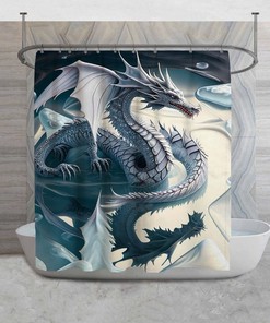 White Dragon Shower Curtain | Fantasy Theme Decor | Cool Gamer Gift | Light Blue & White Design