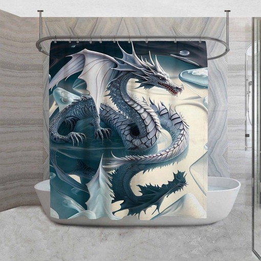 White Dragon Shower Curtain | Fantasy Theme Decor | Cool Gamer Gift | Light Blue & White Design