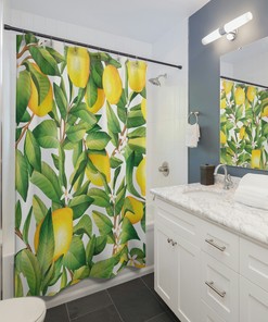 White Floral Citrus Shower Curtain | Lemons and Flowers Pattern | Floral Bathroom Decor | Home Bath Decor Accessories