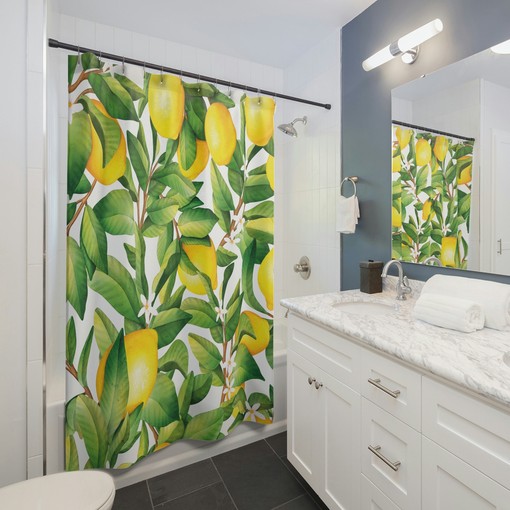 White Floral Citrus Shower Curtain | Lemons and Flowers Pattern | Floral Bathroom Decor | Home Bath Decor Accessories