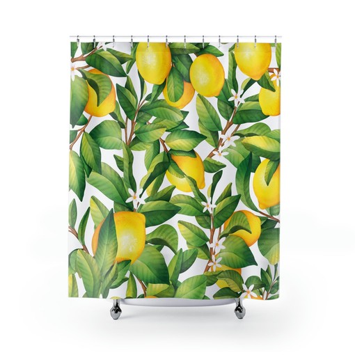 White Floral Citrus Shower Curtain | Lemons and Flowers Pattern | Floral Bathroom Decor | Home Bath Decor Accessories - Image 2