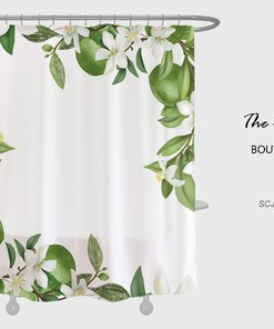 White Floral Shower Curtain with Hooks, Customized Size, Plant Home Decor