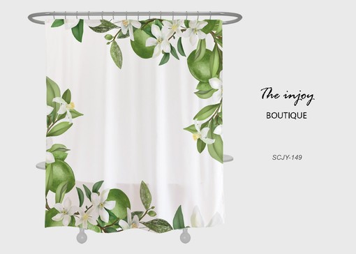 White Floral Shower Curtain with Hooks, Customized Size, Plant Home Decor