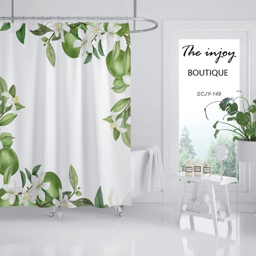 White Floral Shower Curtain with Hooks, Customized Size, Plant Home Decor - Image 2