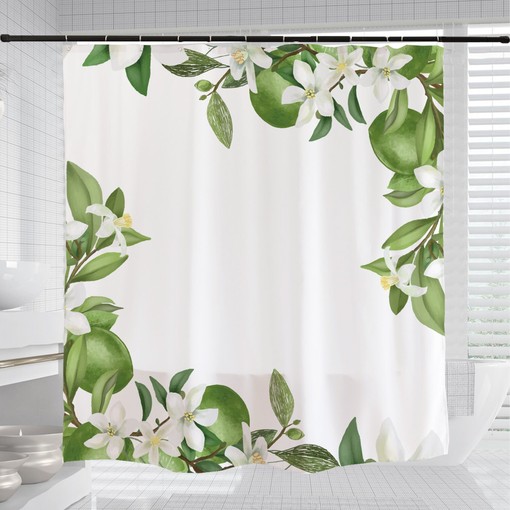 White Floral Shower Curtain with Hooks, Customized Size, Plant Home Decor - Image 3