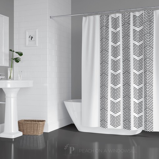 White Herringbone Shower Curtain - Chic Minimalist Bath Decor with Boho Flair
