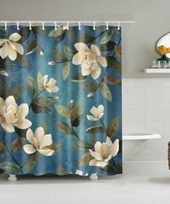 White Magnolia Shower Curtain, Customizable Size, Blue Floral Fabric Bathroom Curtain