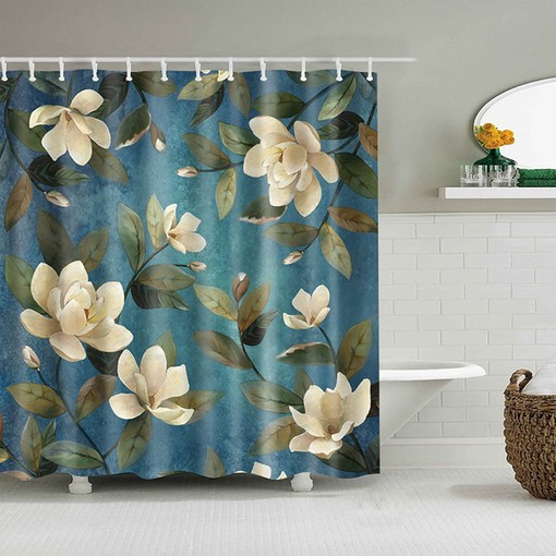 White Magnolia Shower Curtain, Customizable Size, Blue Floral Fabric Bathroom Curtain