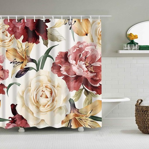 White Peony and Roses Shower Curtain, Customizable Size, Floral Fabric Bathroom Curtain