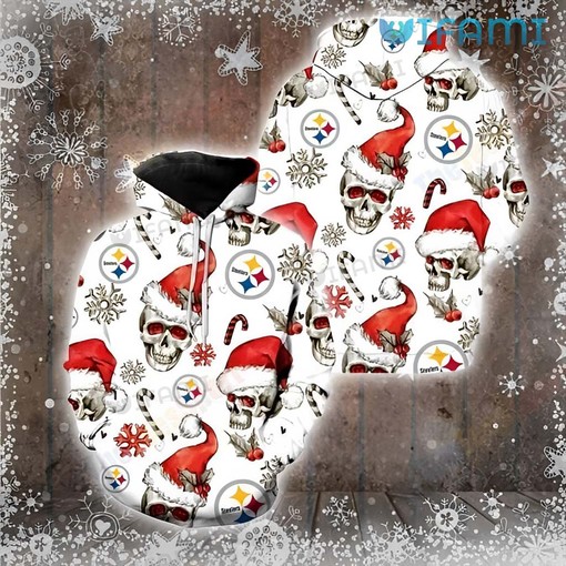 White Santa Hat Skull All Over Print 3D Hoodie for Pittsburgh Steelers Fans