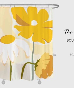 White and Yellow Daisy Shower Curtain, Thick Art Flora Curtain with Hooks, Washable