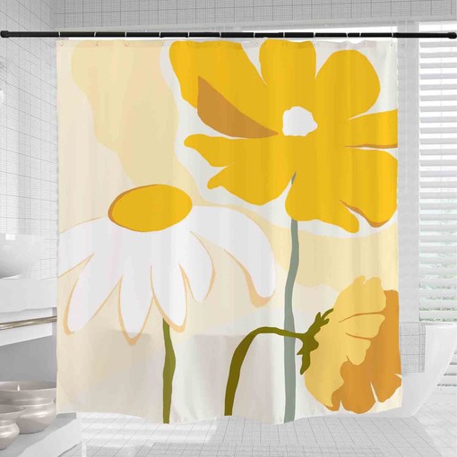 White and Yellow Daisy Shower Curtain, Thick Art Flora Curtain with Hooks, Washable - Image 2