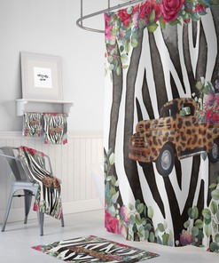 Wild Cheetah Truck Animal Print Floral Shower Curtain Set - Fun Bath Set with Optional Bath Towel