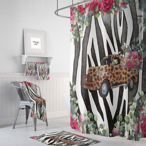 Wild Cheetah Truck Animal Print Floral Shower Curtain Set - Fun Bath Set with Optional Bath Towel