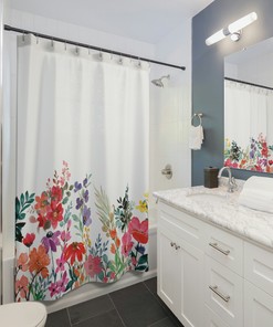 Wildflowers and Cottage Core Bathroom Decor with Red Botanical Floral Boho Shower Curtain