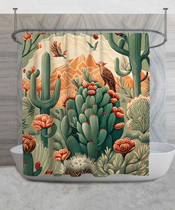 William Morris Style Shower Curtain with Desert Cactus Design