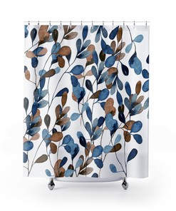 Winter Home Decor Watercolor Blue Leafs Flowers Bath Curtain - Bathroom Decoration