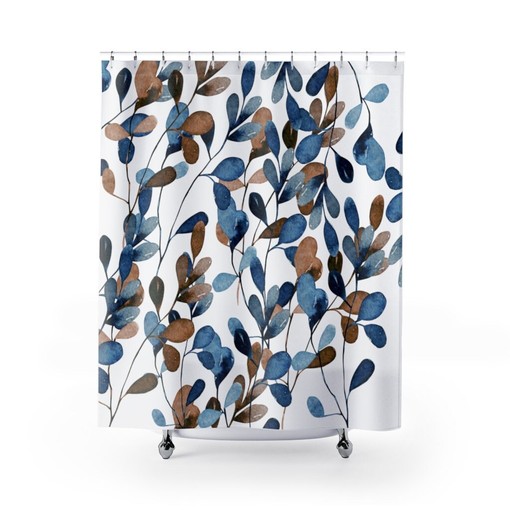Winter Home Decor Watercolor Blue Leafs Flowers Bath Curtain - Bathroom Decoration - Image 3