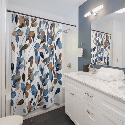 Winter Home Decor Watercolor Blue Leafs Flowers Bath Curtain - Bathroom Decoration - Image 4