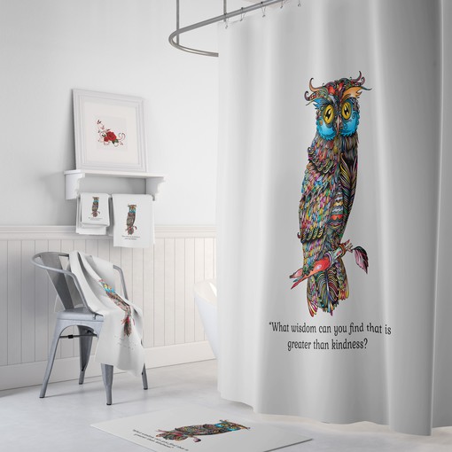 Wise Owl Kindness Shower Curtain with Optional Accessories or Set for a Calming Space