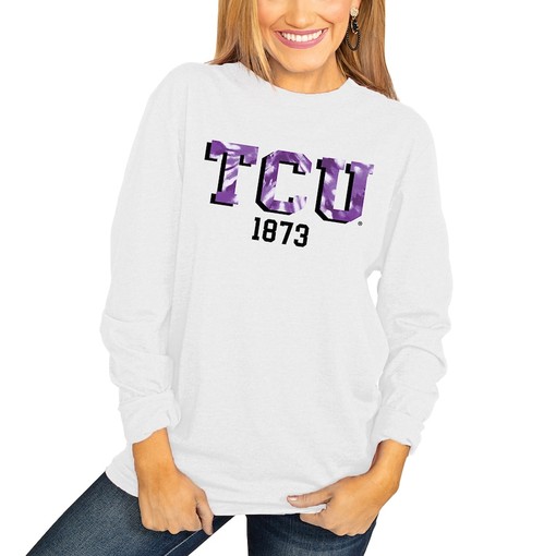 Women's No Time To Tie Dye Long Sleeve T-Shirt for TCU Horned Frogs Fans, Official University Fan Shirt