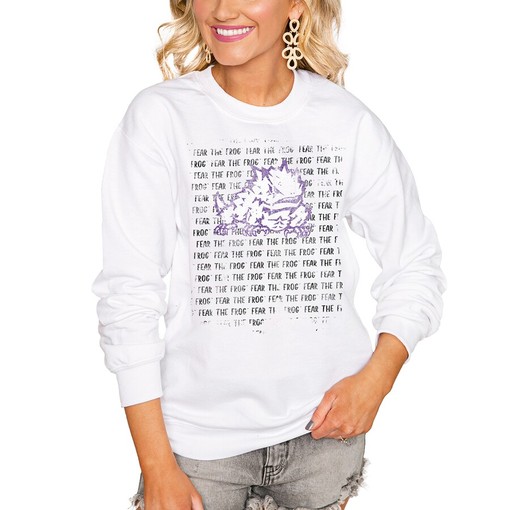 Women's TCU Horned Frogs Bold Type Perfect Pullover Sweatshirt, Official University Football Fan Shirt
