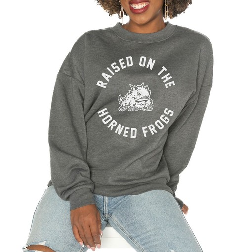 Women's Tcu Good Vibes Premium Fleece Drop Shoulder Sweatshirt by Gameday Couture, Perfect for Tcu Students
