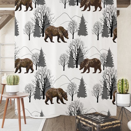 Woodland Bears and Pine Trees Shower Curtain with Matching Towels for Nature-Inspired Bathroom Decor
