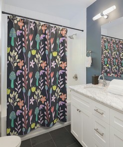 Woodland Cottage Core Mushroom Shower Curtain | Retro Boho Shower Curtain | Restroom Shower Curtains Colorful