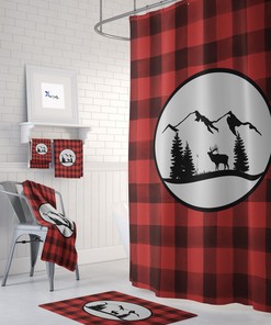 Woodland Rustic Plaid Moose Shower Curtain with Optional Buffalo Plaid Bathroom Accessories