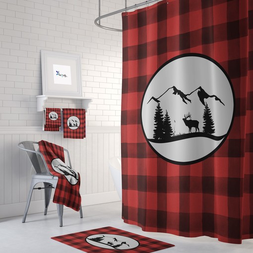 Woodland Rustic Plaid Moose Shower Curtain with Optional Buffalo Plaid Bathroom Accessories