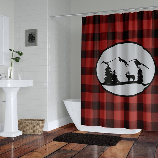 Woodland Rustic Plaid Moose Shower Curtain with Optional Buffalo Plaid Bathroom Accessories - Image 2
