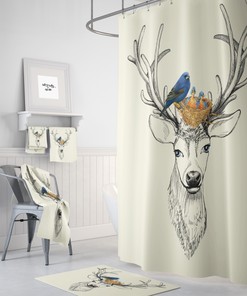 Woodland Shower Curtain with Deer and Bird Rustic Bath Set for Nature-Inspired Bathroom Decor